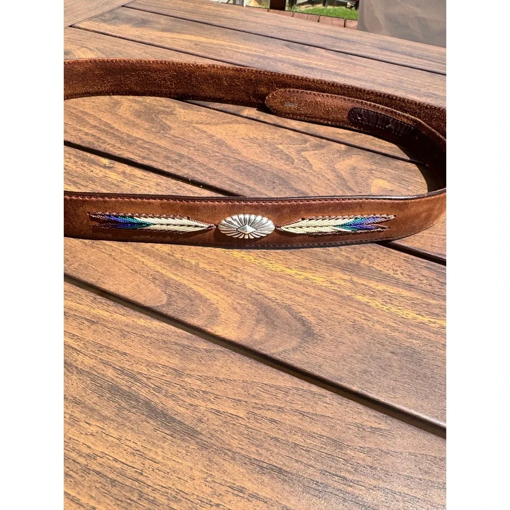 Tony Lama Mens Brown Leather Western Belt Embroidered Concho Silver Buckle 42